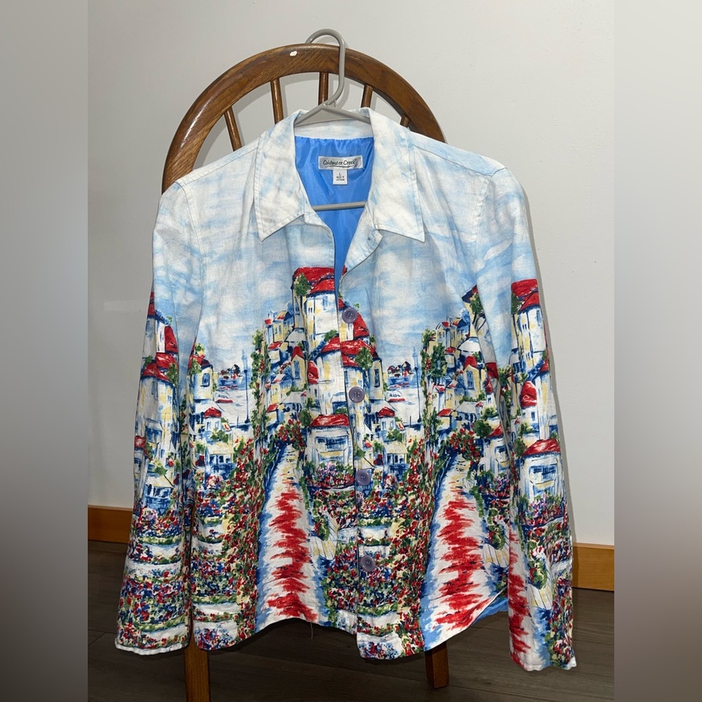 Vtg Coldwater Creek Linen Blend  Art to Wear Scenic Village Print Jacket Sz L